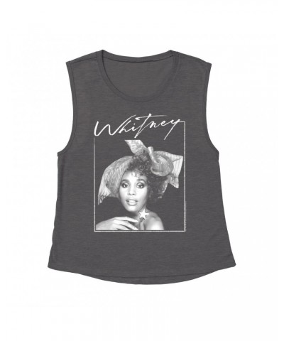 Whitney Houston Ladies' Muscle Tank Top | 1987 Whitney Signature And White Photo Image Shirt $11.95 Shirts