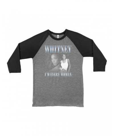 Whitney Houston 3/4 Sleeve Baseball Tee | I'm Every Woman Black And White Photo Collage Design Shirt $9.35 Shirts